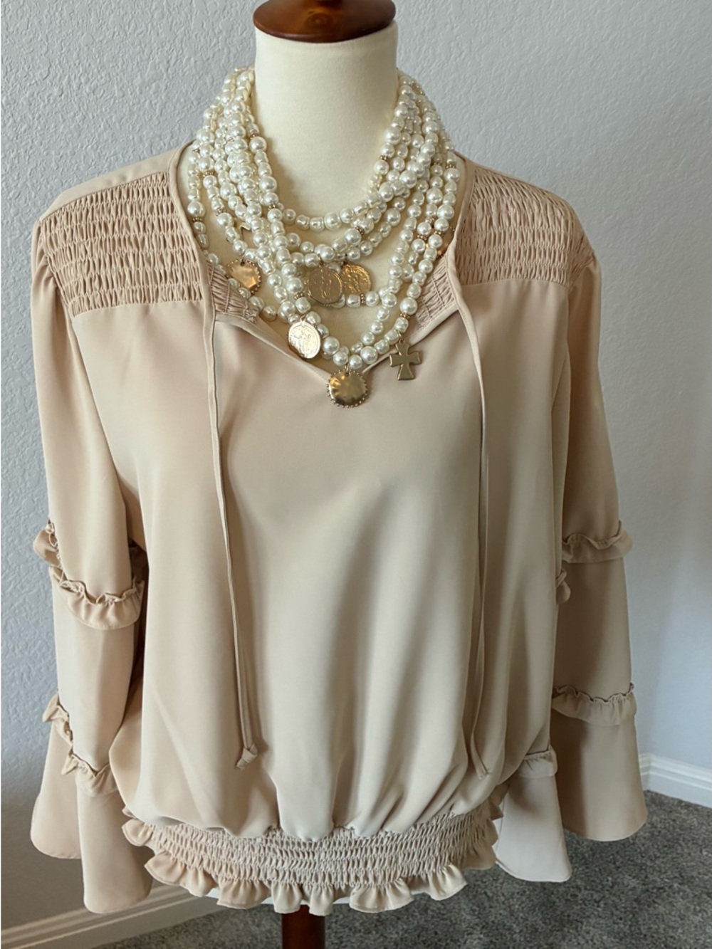 Cato Cream Smocked-Hem Long Sleeve Blouse
